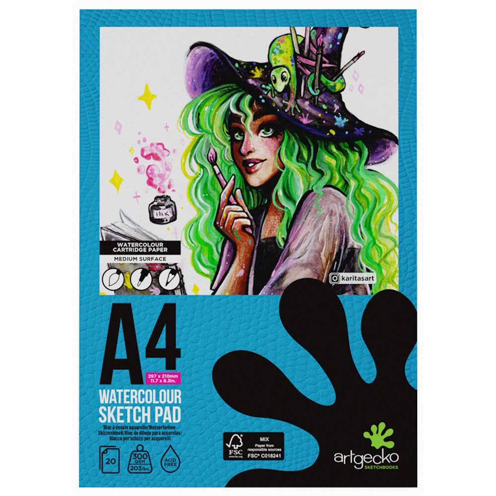 Artgecko Pro Watercolour Sketchpad A4 20 Sheets 300gsm White Paper