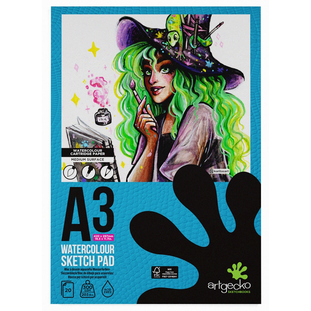 Artgecko Pro Watercolour Sketchpad A3 20 Sheets 300gsm White Paper