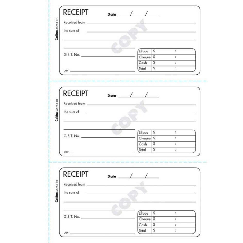 Collins Cash Receipt A5/50 3TL Triplicate No Carbon Required
