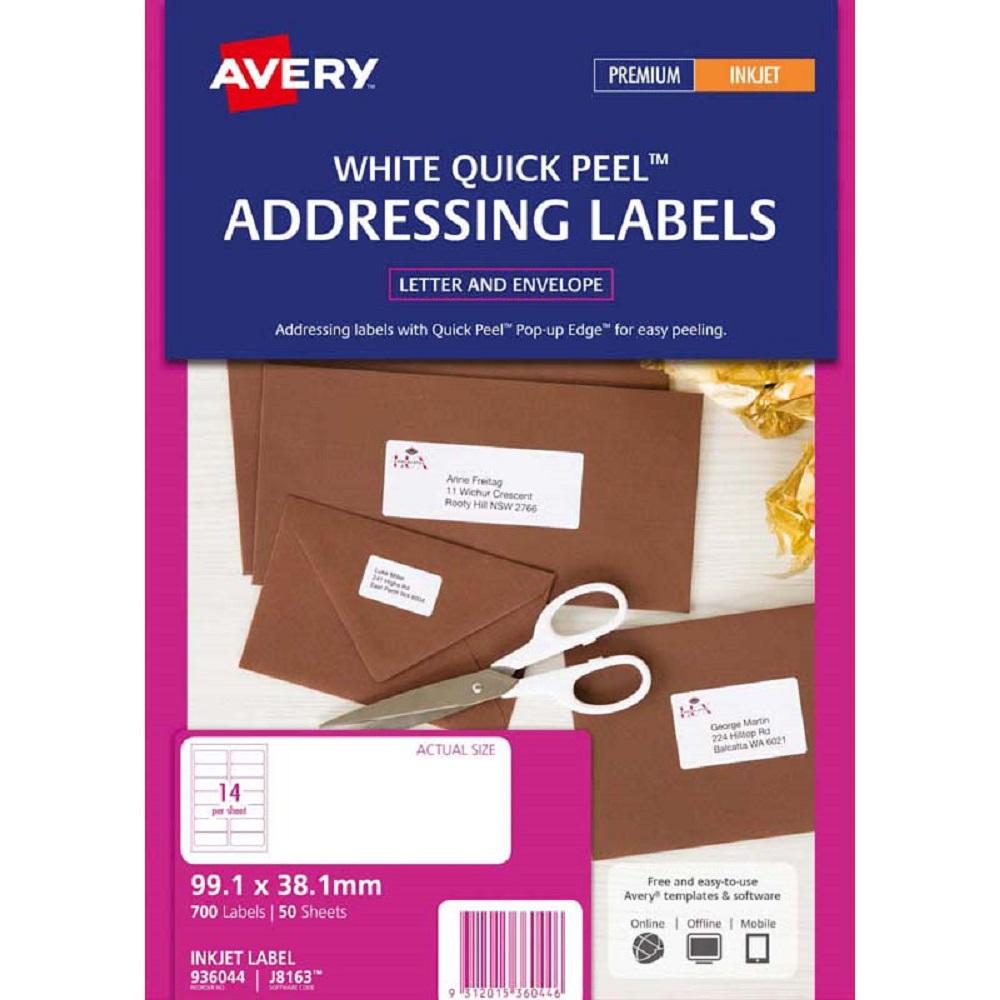 Avery Addressing Labels J8163 50 Sheets Inkjet