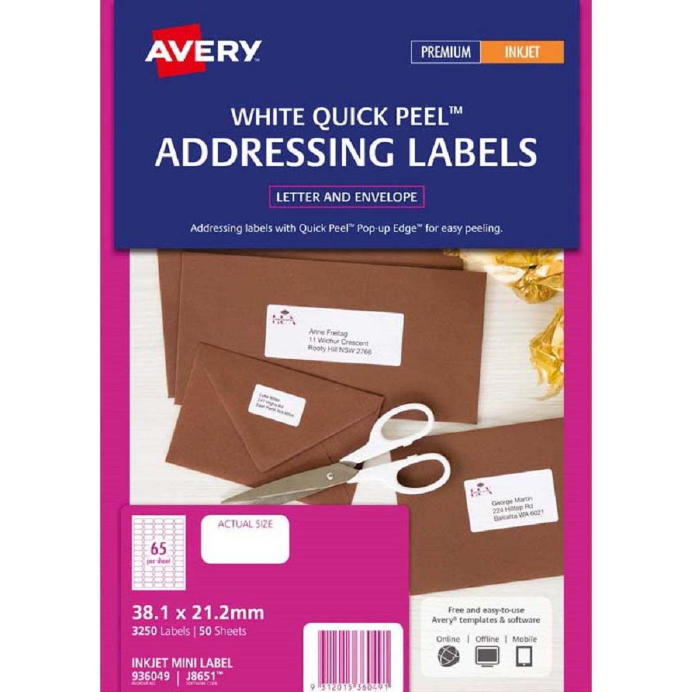 Avery Addressing Labels J8651 50 Sheets Inkjet
